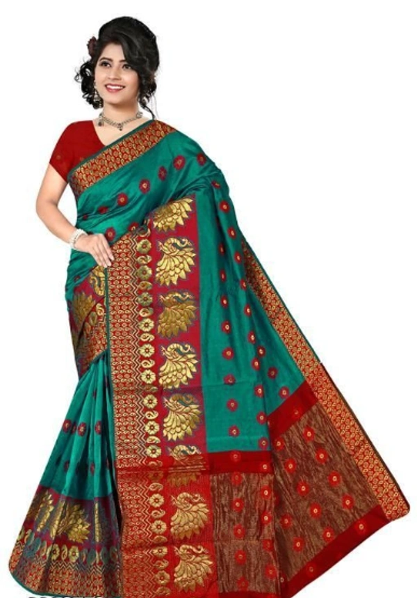 Jacquard Work Banarsi Cotton Silk Saree With Blouse Piece - Teal/ Red